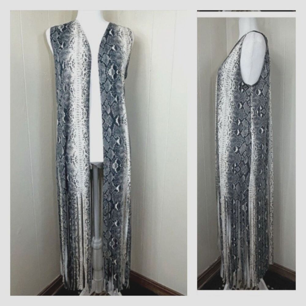 L&B Lucky Blessed Snake Print Long Cardigan Size Small Fringe Long Duster Vest.